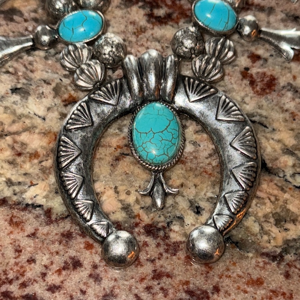 Turquoise & Silver Squash Blossom Necklace - Picture 6 of 13